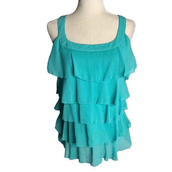 dressbarn Tops - Dressbarn Tiered Ruffle Sleeveless Blouse Top S Teal Blue Chiffon Scoop Neck